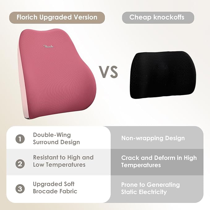 FLORICH Large Car Seat Cushion and Lumbar Support Pillow, Ergonomic Memory Foam Driving Seat Cushion for Back & Sciatica Pain Relief, Non-Slip Washable Seat Cushion for Car, Driver, Office-Pink