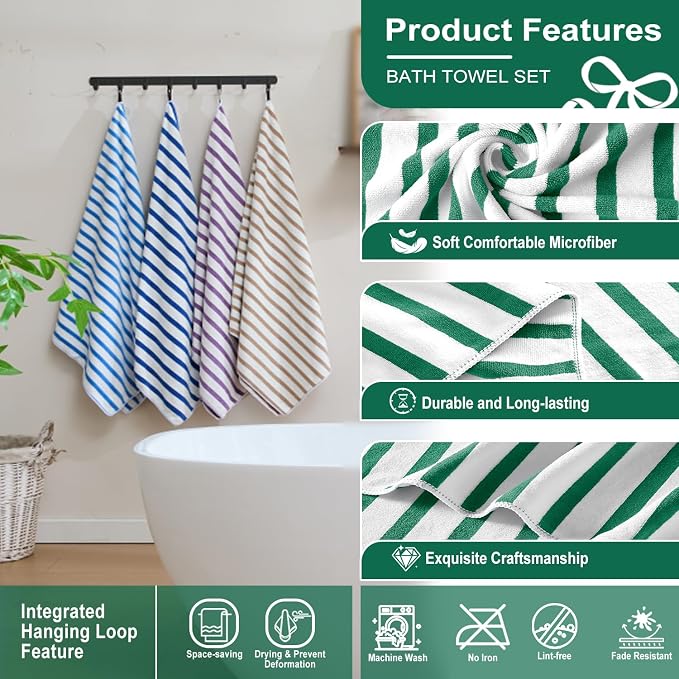 JML Microfiber Beach Towels, 6 Pack, 27" x 55", Large Bath Towel Set for Adult- Cabana Stripe - Absorbent, Quick Drying Lint-Free, No Fading for Summer Party, Pool, Sport, Yoga, Swimming, Green