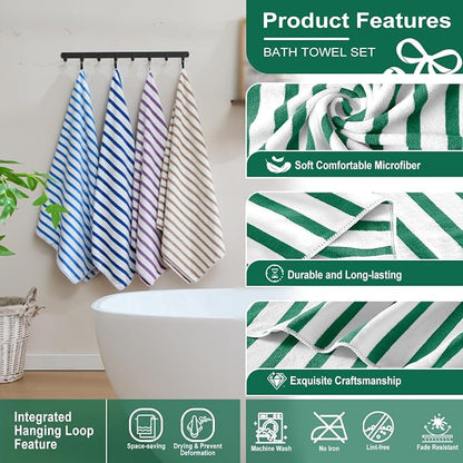 JML Microfiber Beach Towels, 6 Pack, 27" x 55", Large Bath Towel Set for Adult- Cabana Stripe - Absorbent, Quick Drying Lint-Free, No Fading for Summer Party, Pool, Sport, Yoga, Swimming, Green