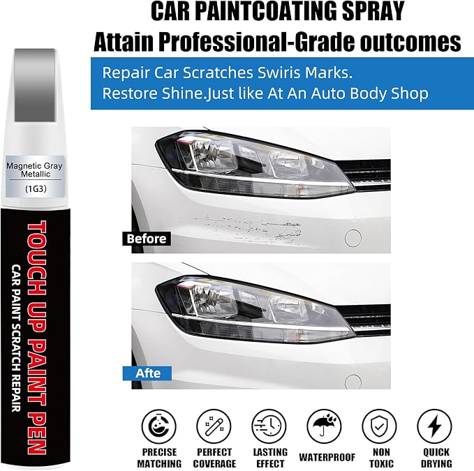Magnetic Gray Metallic(1G3) Car Touch Up Paint for Toyota 2-in-1 Car Scratch Repair Pen with Fine Tip&Brush, DIY Color-Code Matched Auto Paint for Rock Chips Door Scratches Paint Nicks Bumper Marks