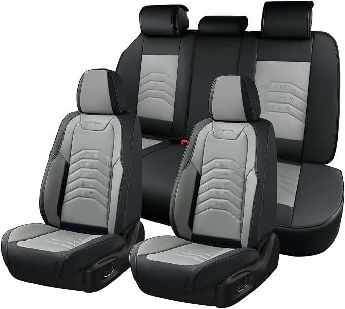 Coverado Car Seat Covers Full Set, Faux Leather Car Seat Covers for Cars, Car Seat Covers Front Seats and Back Car Seat Protector Waterproof, Car Seat Cushion Universal Fit for Most Cars, Black&Gray