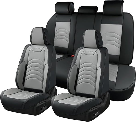 Coverado Car Seat Covers Full Set, Faux Leather Car Seat Covers for Cars, Car Seat Covers Front Seats and Back Car Seat Protector Waterproof, Car Seat Cushion Universal Fit for Most Cars, Black&Gray