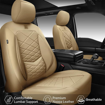 CAR PASS Luxury Nappa Leather Seat Covers Full Set, Water Resistant Faux Leather Seat Cover with Lumbar Support, Breathable Automotive Seat Covers Universal Fit for Sedan SUV Van Truck, Pure Beige