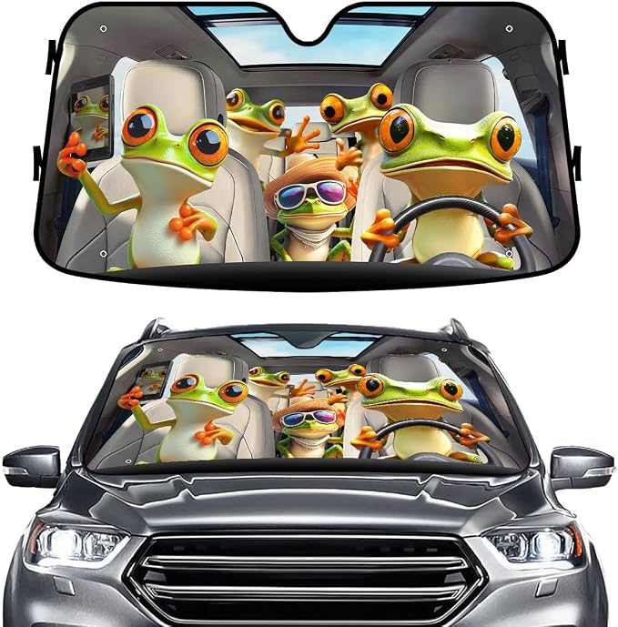 GENANY Cute Frog Family Windshield Sun Shade for Car SUV Truck (55x30 Inches), Tree Frog Sun Shade Windshield for Windows, Auto Gift, Car Decor