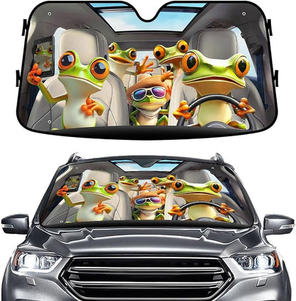 GENANY Cute Frog Family Windshield Sun Shade for Car SUV Truck (55x30 Inches), Tree Frog Sun Shade Windshield for Windows, Auto Gift, Car Decor