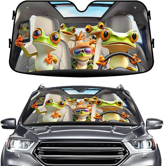GENANY Cute Frog Family Windshield Sun Shade for Car SUV Truck (55x30 Inches), Tree Frog Sun Shade Windshield for Windows, Auto Gift, Car Decor