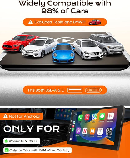 Houflody Wireless CarPlay Adapter for Apple iPhone iOS 10+, (2026 Upgrade) Mini Aluminium CarPlay Adapter Converts Wired to Wireless, Plug & Play, Auto Connect Fast and Stable, with USB-C, Silver