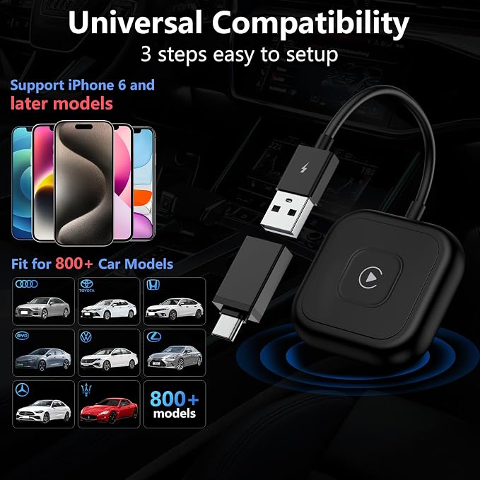 for iPhone 17 Wireless Carplay Adapter Compatible iPhone 17 Pro Max Air 16e 16 15,Automatic iPhone Carplay Wireless Adapter Convert Factory Wired to Wireless Plug and Play Car Play Fits Cars