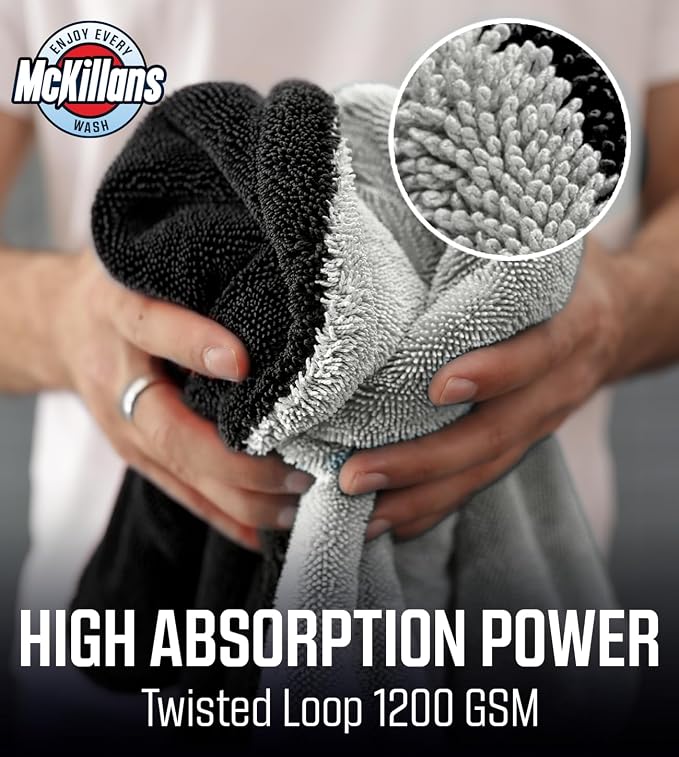 McKillans® Extra Large Dual-Color Car Drying Towel XL - Edgeless & Ultra Soft & Absorbent - 36" x 28" - 1200 GSM Twisted Loop Microfiber Towel for Cars - Drying Towel Car Detailing - Car Wash Towels