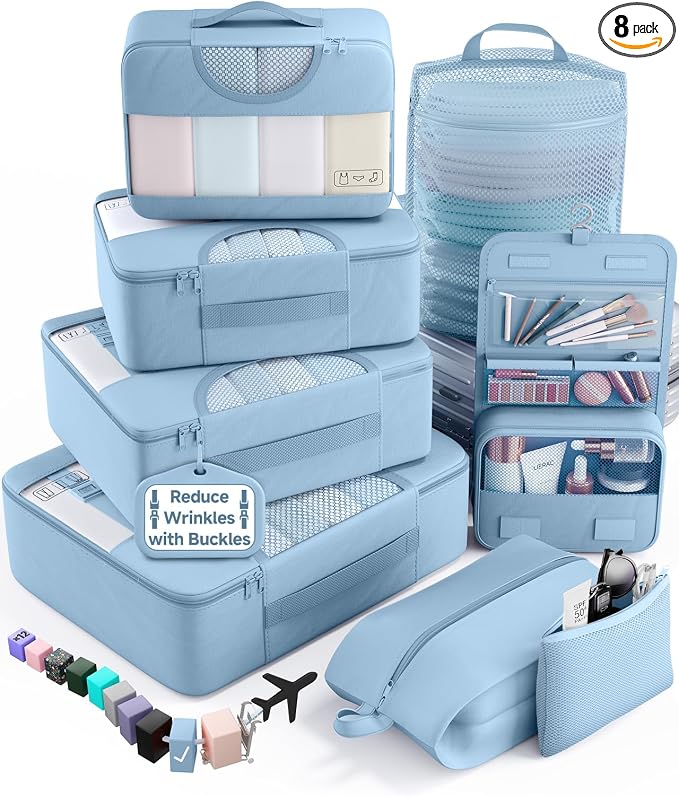 Veken 8 Set Packing Cubes for Travel Essentials,Anti-Wrinkle Buckled Suitcase Organizer for Shoe & Toiletry Bag,Carry On Luggage Bag with 99+ Count Mesh Holes for Airplane & College Dorm Accessories