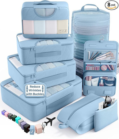 Veken 8 Set Packing Cubes for Travel Essentials,Anti-Wrinkle Buckled Suitcase Organizer for Shoe & Toiletry Bag,Carry On Luggage Bag with 99+ Count Mesh Holes for Airplane & College Dorm Accessories