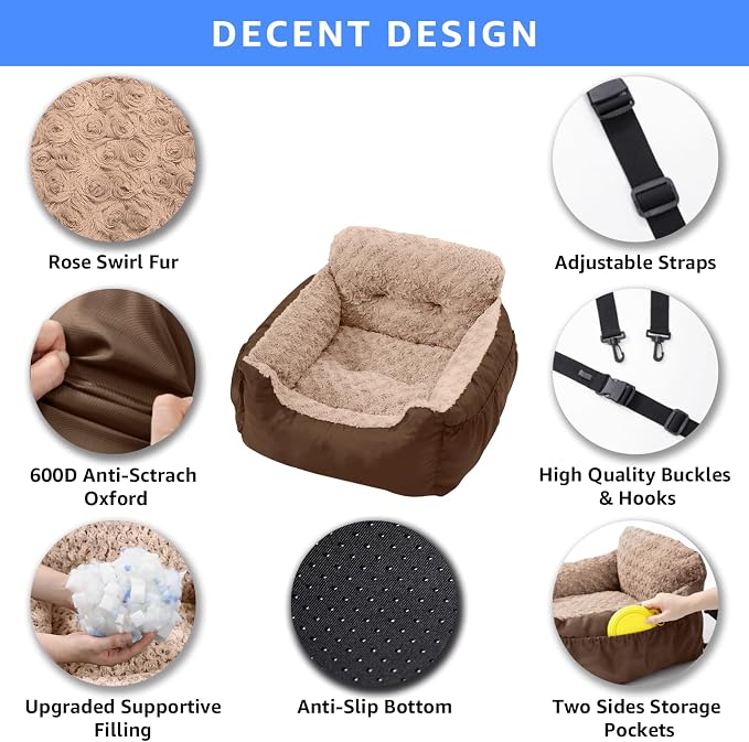 Oiilores Dog Car Seat for Small Dogs, Washable Pet Booster Seats with Clip-On Safety Leash, Comfy Deluxe Plush Carseat with Storage Pockets, Puppy Car Travel Carrier Bed for Dogs Under 25 lbs, Brown