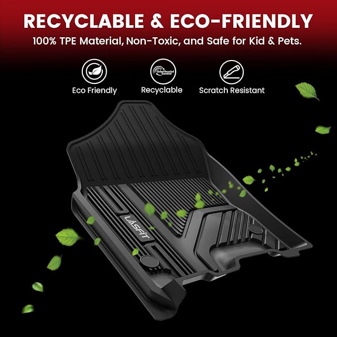 LASFIT Floor Mats for Ram 1500 Crew Cab 2019-2024 Without Rear Under-Seat Factory Storage 4 Full Size Doors Bucket Seat (NOT for Classic Model), All Weather TPE Custom Fit 1st & 2nd Row, Black
