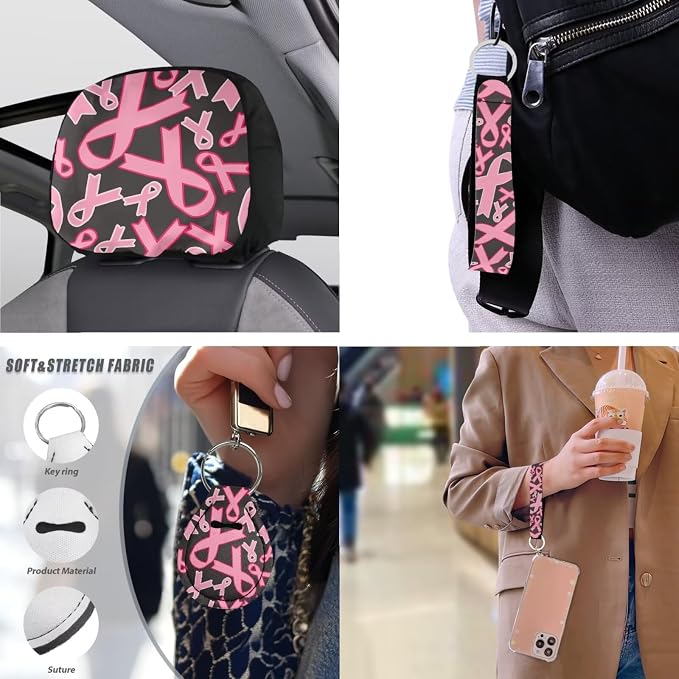 13 Set Pink Ribbon Car Seat Cover Full Set, Breast Cancer Awareness Universal Seat Belt Pads Cup Holder Coasters, Minimalist Aesthetics Steering Wheel Cover Keychain