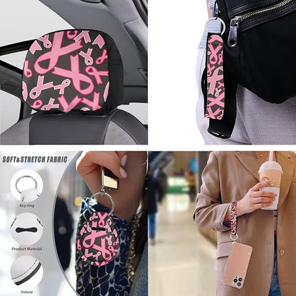 13 Set Pink Ribbon Car Seat Cover Full Set, Breast Cancer Awareness Universal Seat Belt Pads Cup Holder Coasters, Minimalist Aesthetics Steering Wheel Cover Keychain
