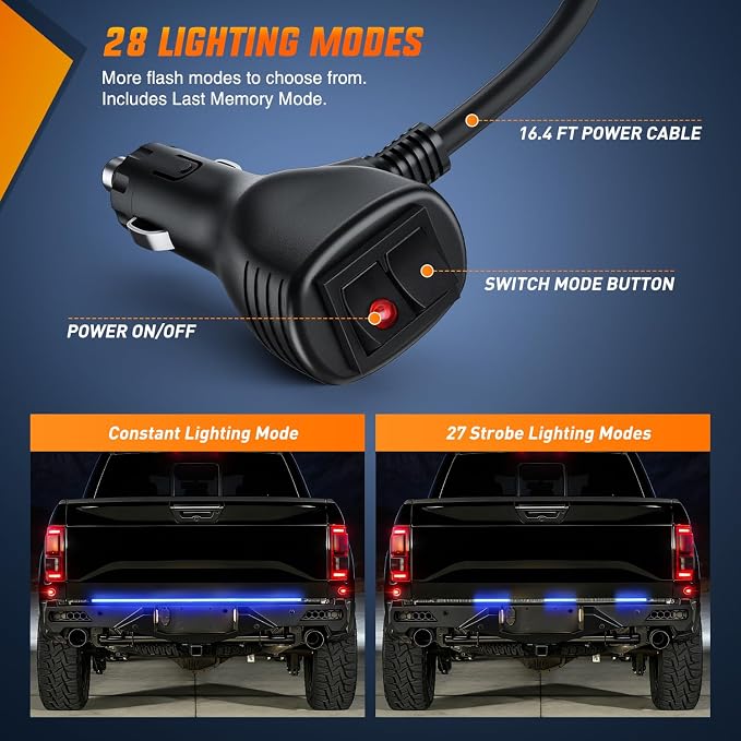 Nilight 48 Inch Truck Tailgate Strobe Light Strip Tail Emergency Bar Rear Window Warning Lamp Ultra-Bright Double Row 288 LED for Pickup Trailers Construction Vehicles Car SUV, Blue