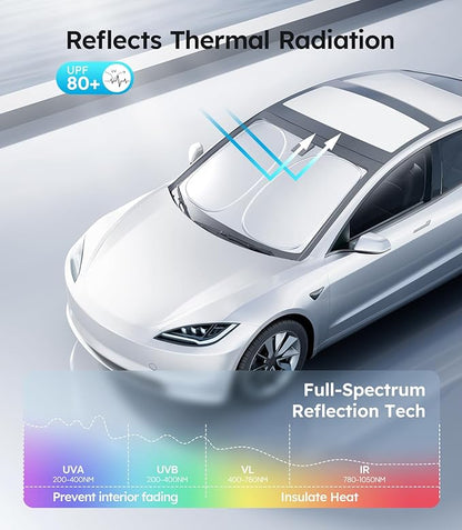 Wigoo 2026 Upgraded Accessories Tesla Model 3 Windshield Sunshade [OEM Design, 100% Sun Blockage] Foldable Heat Insulation Sun Shade with Storage Bag, for Tesla Model 3 2016~2026, Silver Coating