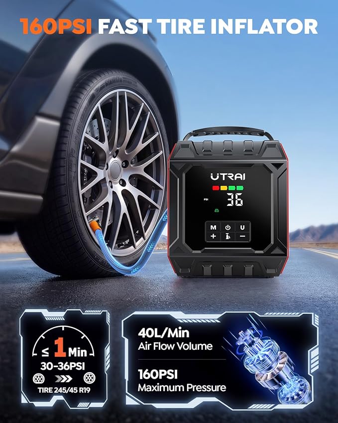 UTRAI 8000A Jump Starter with Air Compressor 160PSI, Car Battery Jumper Starter for All Gas/12L Diesel Engines, Portable Car Jump Starter Jump Box with 1000LM Magnetic Light, Tire Repair Kit