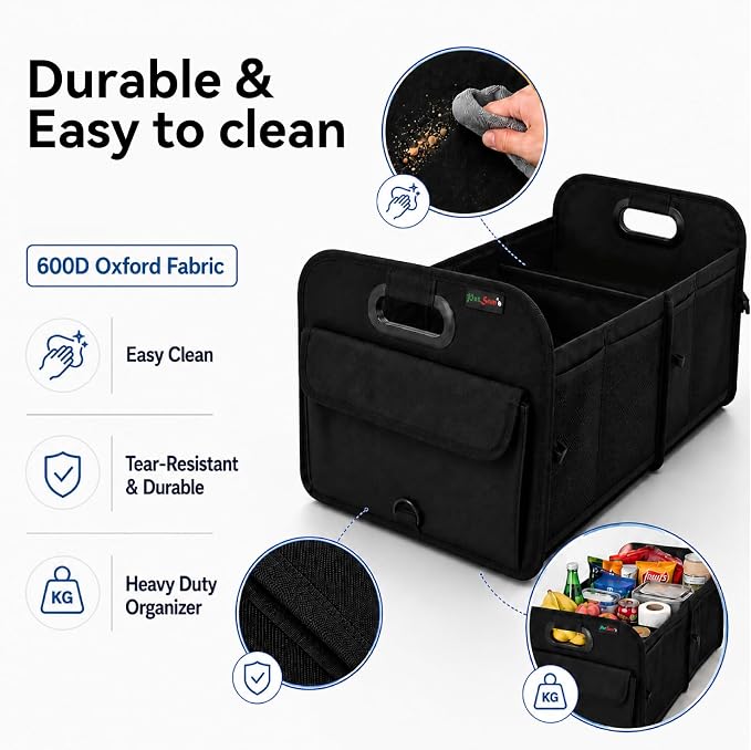 PAT SAM'S Trunk Organizer for SUV, Collapsible Car Trunk Organizer with Dividers, Waterproof 600D Oxford, Non-Slip Storage Organizer for Groceries, Tools, Travel, Truck & Car (Black)