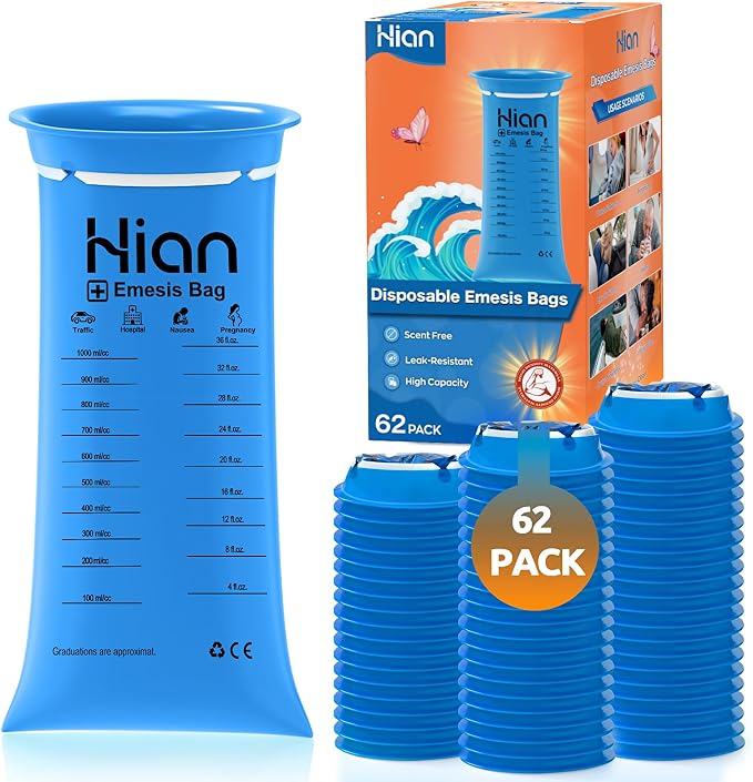 Hion Vomit Bags Disposable – 62 Pack 1000ml Emesis Bags – Leak Resistant, Medical Grade, Portable – Perfect for Motion, Car & Aircraft Sickness, Pregnant Women