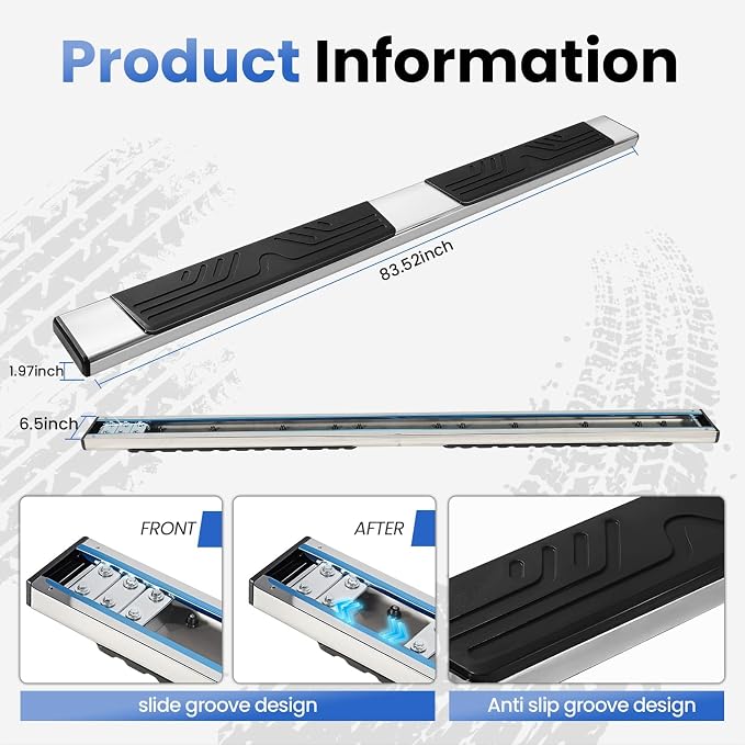 PZ 6.5" Rustproof Running Boards Side Steps Compatible with Chevy Silverado/GMC Sierra 1500 Double Cab 2019-2025, 2020-2025 2500HD 3500HD，500LBS Anti-slip Stainless Steel No Drill Truck Running Boards