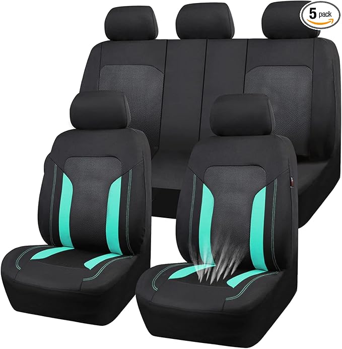 CAR PASS 3D Air Mesh Car Seat Covers Full Set, Breathable Sporty Rear Bench with Zipper for Armrest Box Universal Fit 95% Automotive SUV,Truck,Sedan Interior Cute Women Airbag Compatible, Black Mint