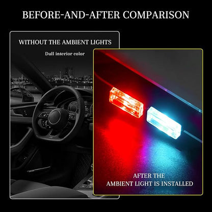 4 PCS USB LED Car Interior Atmosphere Lamp, Portable Mini Auto LED Decor Night Light, Plug-in USB Interface Ambient Lighting Kit, Universal Car Interior Accessories (Red+Ice Blue)