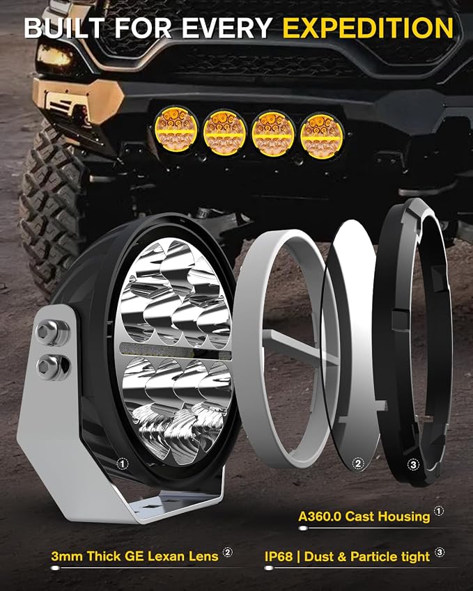 BraveWAY 6.5 Inch Round LED Driving Lights 140W 20400LM Round LED Offroad Light with Wiring Harness White & Amber DRL Spot Flood Combo Beam Auxiliary Light for Truck 4x4 ATV UTV, 2 Years Warranty Pair