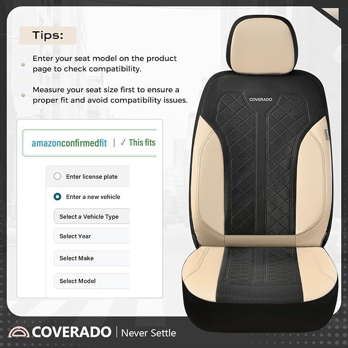 Coverado Seat Covers Full Set, Beige Car Seat Covers, PU Leather & Breathable Mesh Seat Protectors, 5-Piece Automotive Seat Covers, Universal Fit for SUVs, Trucks, Sedans
