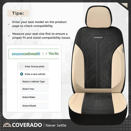 Coverado Seat Covers Full Set, Beige Car Seat Covers, PU Leather & Breathable Mesh Seat Protectors, 5-Piece Automotive Seat Covers, Universal Fit for SUVs, Trucks, Sedans