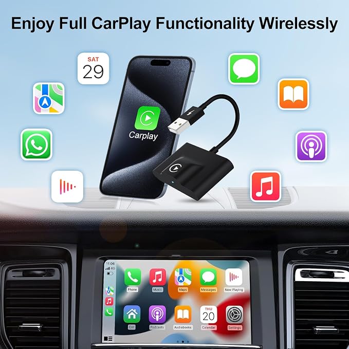 Wireless CarPlay Adapter for Apple Convert OEM Wired to Wireless CarPlay | CarPlay Wireless Adapter Compatible with iPhone 6 and Above, iOS 10+, From 2017 and Later Car, Auto Connect Plug and Play