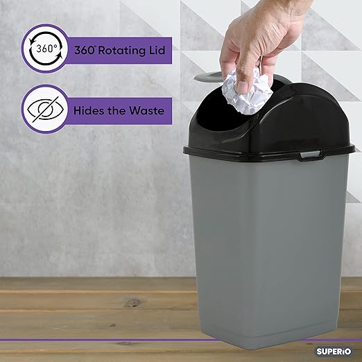 Superio Small 2.5 Gallon Plastic Trash Can with Swing Top Lid, Compact Slim Waste Bin for Under Desk, Office, Bedroom, Bathroom, Dorm Room, 10 Qt. Portable Garbage Can (Grey/Black)