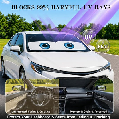 Car Windshield Sun Shade, Funny Cartoon Eyes Sun Visor for Car Windshield Universal Fits Sedan Compact Car Hatchback SUV, UV Heat Protection - 59 x 27.5