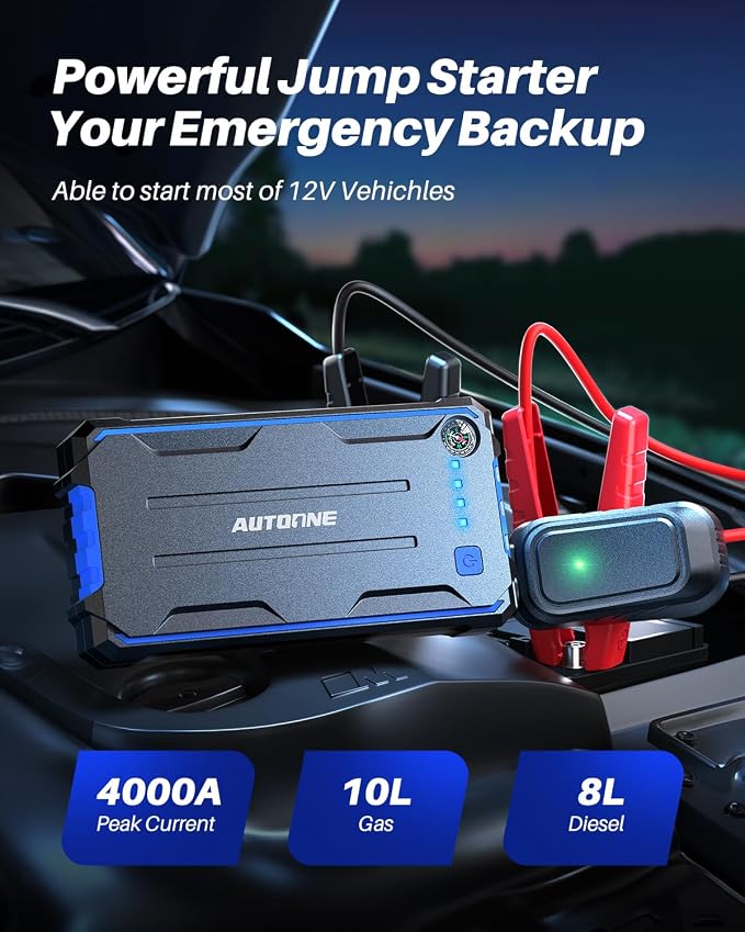 AUTOONE 4000A Car Jump Starter, Battery Jumper Starter Portable for Compact Car Up to 10.0L Gas and 8.0L Diesel Engine Jump Box with Jumper Cables, USB Output and LED Light