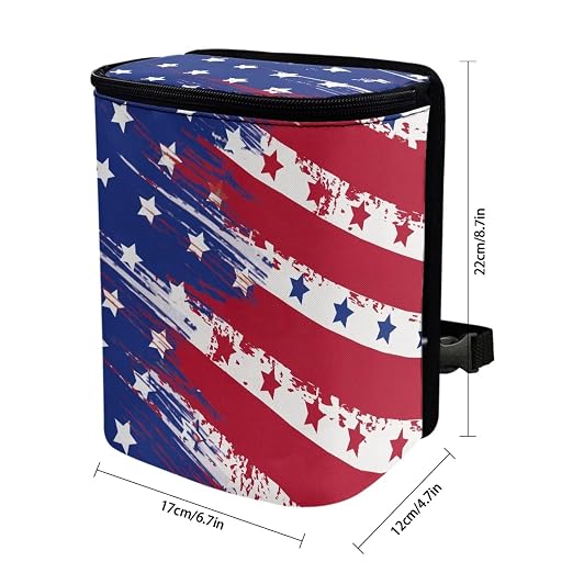 Talayituse American Flag Star Print Car Trash Can with Lid, 4th of July Leak Proof Auto Trash Bag Hanging Vehicle Garbage Can Multipurpose Storage Container for Back Seat Road Trip