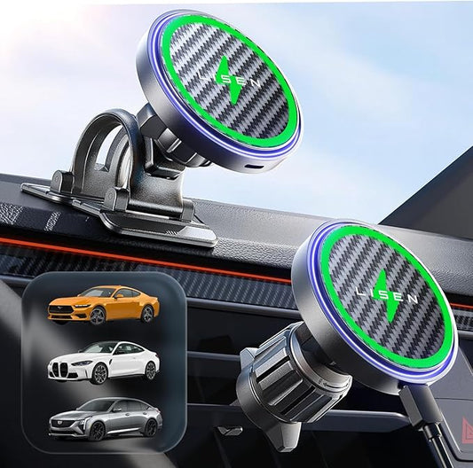LISEN 15W MagSafe Car Mount Charger,[Carbon Fiber] Magnetic Wireless Car Charger, Dashboard & Air Vent Car Phone Mounts, Magnetic Phone Holder for Car Mount for iPhone 17/16/15/14/13/12, Samsung Pixel | Carbon Fiber 15W Magsafe Car Mount Charger, 2 in ...