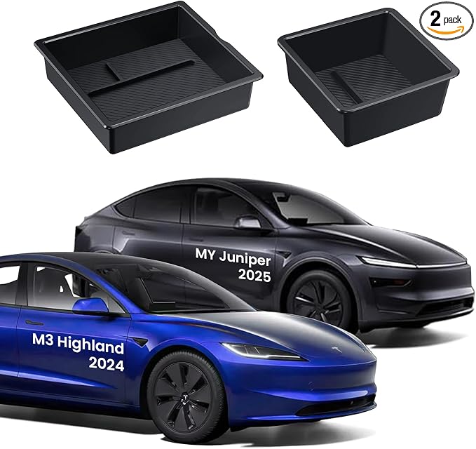 BANKKY Center Console Organizer for Tesla Model 3 Highland 2024-2026 & Model Y Juniper 2025-2026, 2PCS Armrest Storage Tray with Anti-Slip Liner, ABS Black Tesla Accessories