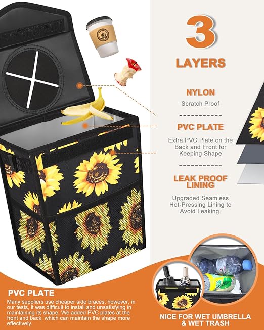 Pritent Car Trash Can with Lid, Cute Leakproof Car Trash Garbage Bag Hanging Vehicle Trash Bin Small Portable Automotive Garbage Cans Organizer for Back/Front Seat(Trapezoid,Black Sunflower