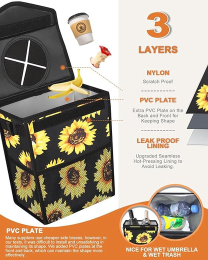 Pritent Car Trash Can with Lid, Cute Leakproof Car Trash Garbage Bag Hanging Vehicle Trash Bin Small Portable Automotive Garbage Cans Organizer for Back/Front Seat(Trapezoid,Black Sunflower