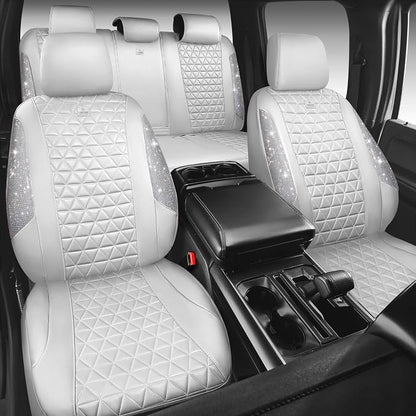 CAR PASS All White Bling Diamond Leather Car Seat Covers Full Sets,Waterproof Shining Glitter Sparkly Crystal Universal Fit for Automotive Truck SUV Cute Women Girl Airbag Compatable,Sliver Rhinestone