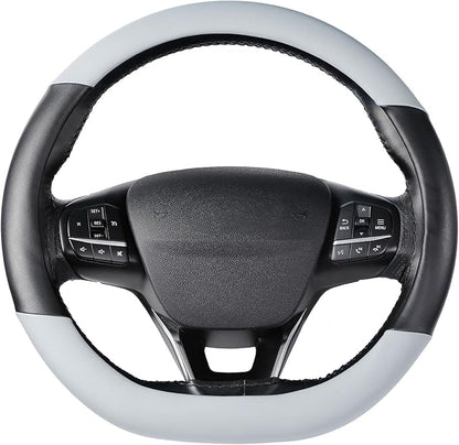 SEG Direct Flat Bottom Steering Wheel Cover, D Shaped Car Wheel Cover 14 1/2-15 in. (37-39 cm), Black Gray Microfiber Leather