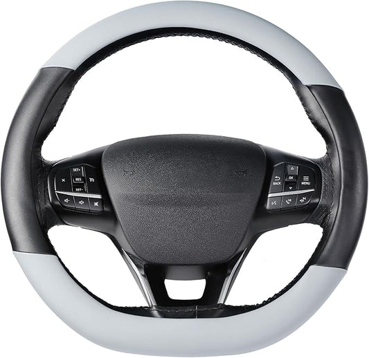 SEG Direct Flat Bottom Steering Wheel Cover, D Shaped Car Wheel Cover 14 1/2-15 in. (37-39 cm), Black Gray Microfiber Leather