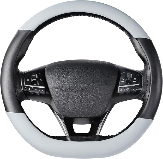 SEG Direct Flat Bottom Steering Wheel Cover, D Shaped Car Wheel Cover 14 1/2-15 in. (37-39 cm), Black Gray Microfiber Leather