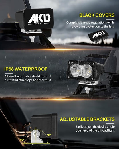 LED Pods with Wiring Harness & Black Covers 3" 40W CREE LED Driving Flood Offroad Lights Small Backup Ditch Lights 2 Packs for Trucks Motorcycle SUV UTV ATV Dirt Bike