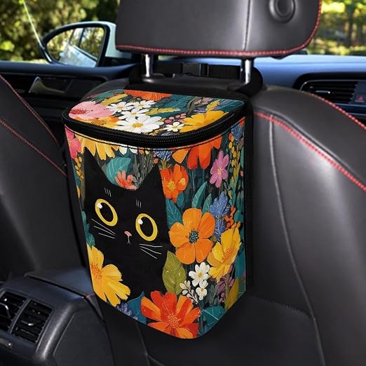 Talayituse Black Cat Daisy Flower Print Car Trash Can Portable Auto Garbage Bin Multifunctional Vehicle Interior Accessories with Adjustable Straps Universal Fit Truck SUV Sedan