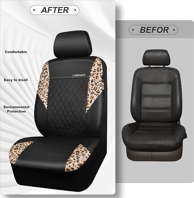CAR PASS Leopard Print Faux Leather Car Seat Covers & Leopard Car Mats&Leopard Steering Wheel Cover Seat Belt Pad Universal Car Accessories for SUV,Van,Saden,Truck Automobile Interior Sets