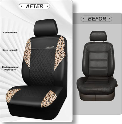 CAR PASS Leopard Print Faux Leather Car Seat Covers & Leopard Car Mats&Leopard Steering Wheel Cover Seat Belt Pad Universal Car Accessories for SUV,Van,Saden,Truck Automobile Interior Sets