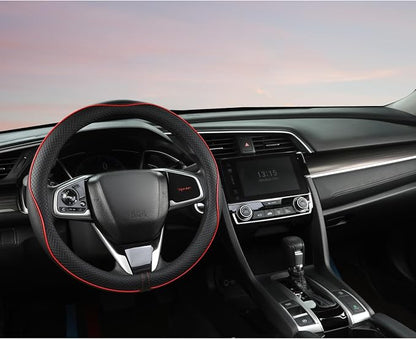 West Llama Microfiber Leather Car Steering Wheel Cover for Honda Accord Civic CR-V HR-V Pilot Fit Passport Odyssey,Sport Style,14.5-15 inch (Black+Red Line-Standrad Size)
