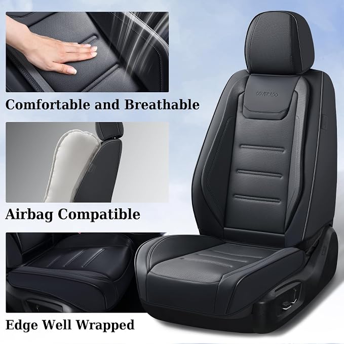 Coverado Car Seat Covers, Front Covers for Cars, Car Seat Cover Front Seats, Car Seat Protector Waterproof, Leather Car Seat Cushion, Universal Interior Covers Seat Protectors for Most Cars Black