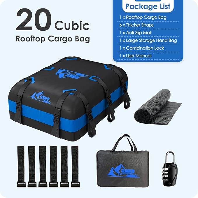 Car Rooftop Cargo Carrier Bag 20 Cubic Feet, 100% Waterproof Heavy Duty Car Roof Bag for All Vehicle with/Without Racks - Anti-Slip Mat, 6 Door Hooks, Storage Bags, 5CM Straps(Blue)